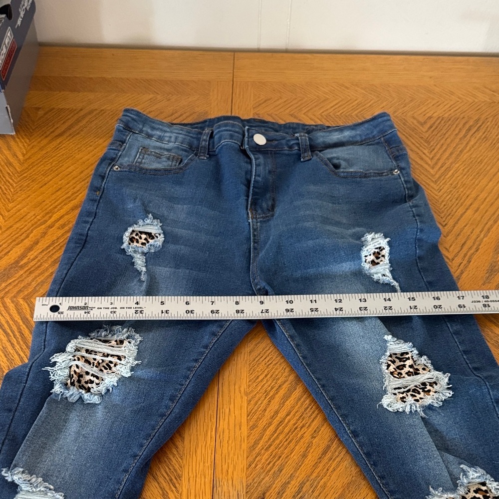 Blue Stretch Skinny Jeans with Animal Print Accents - Picture 10 of 10